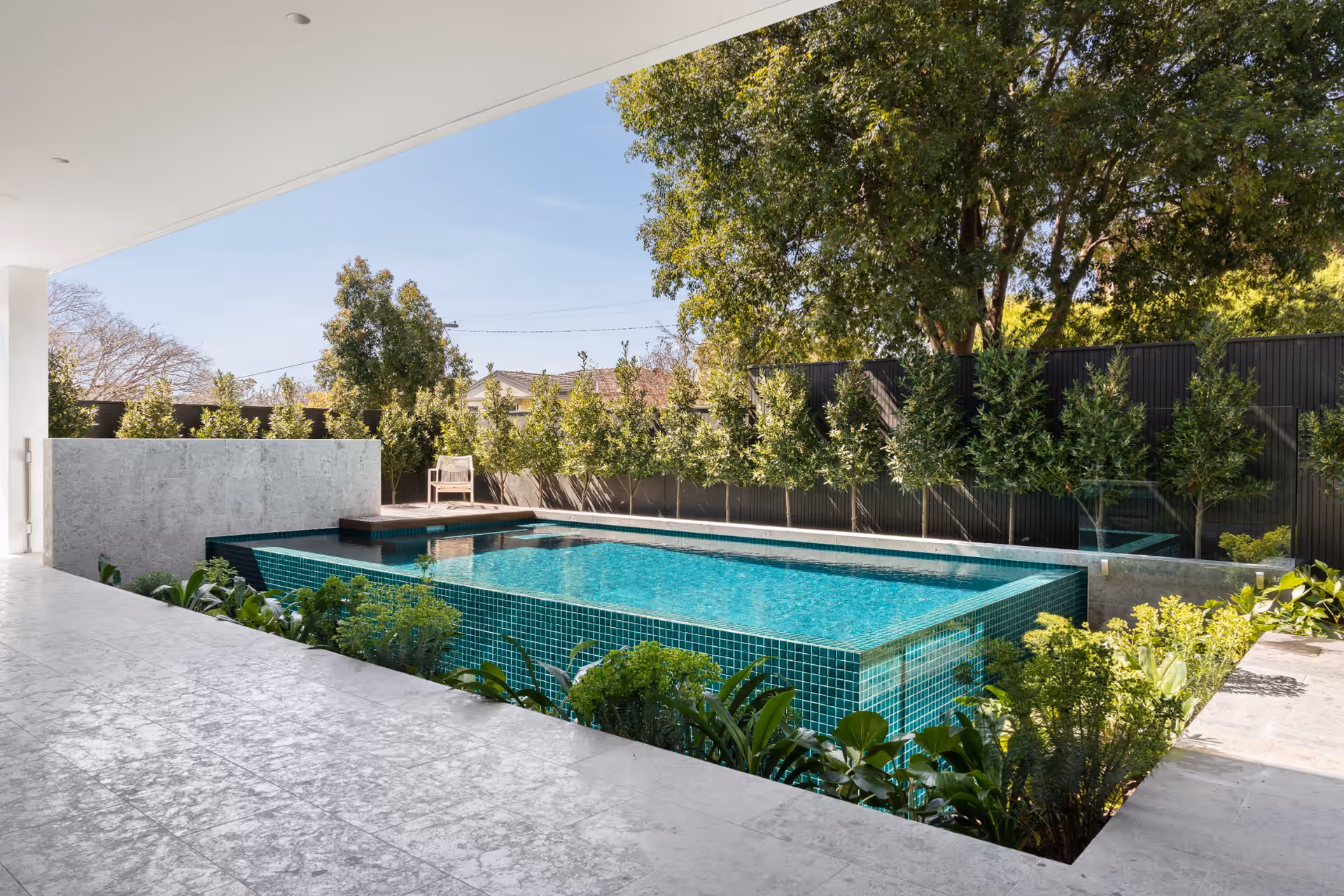 A rectangular concrete pool in a landscaped backyard